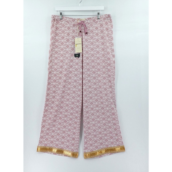Women Pajama Pants Large Pink Printed Gold Tone Trim Oversized Loungewear Resort - Picture 1 of 16